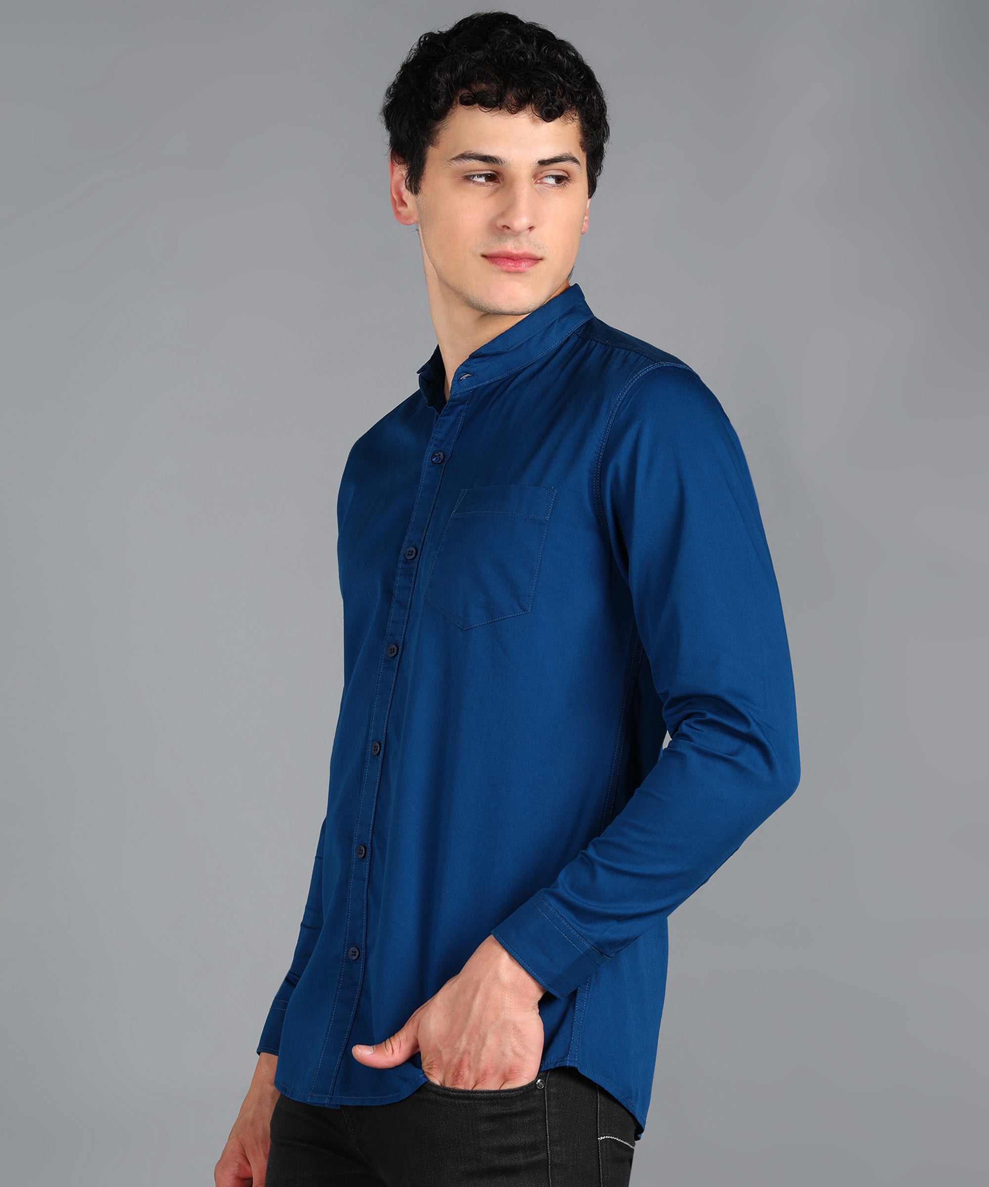 Men's Royal Blue Cotton Full Sleeve Slim Fit Solid Shirt with Mandarin Collar