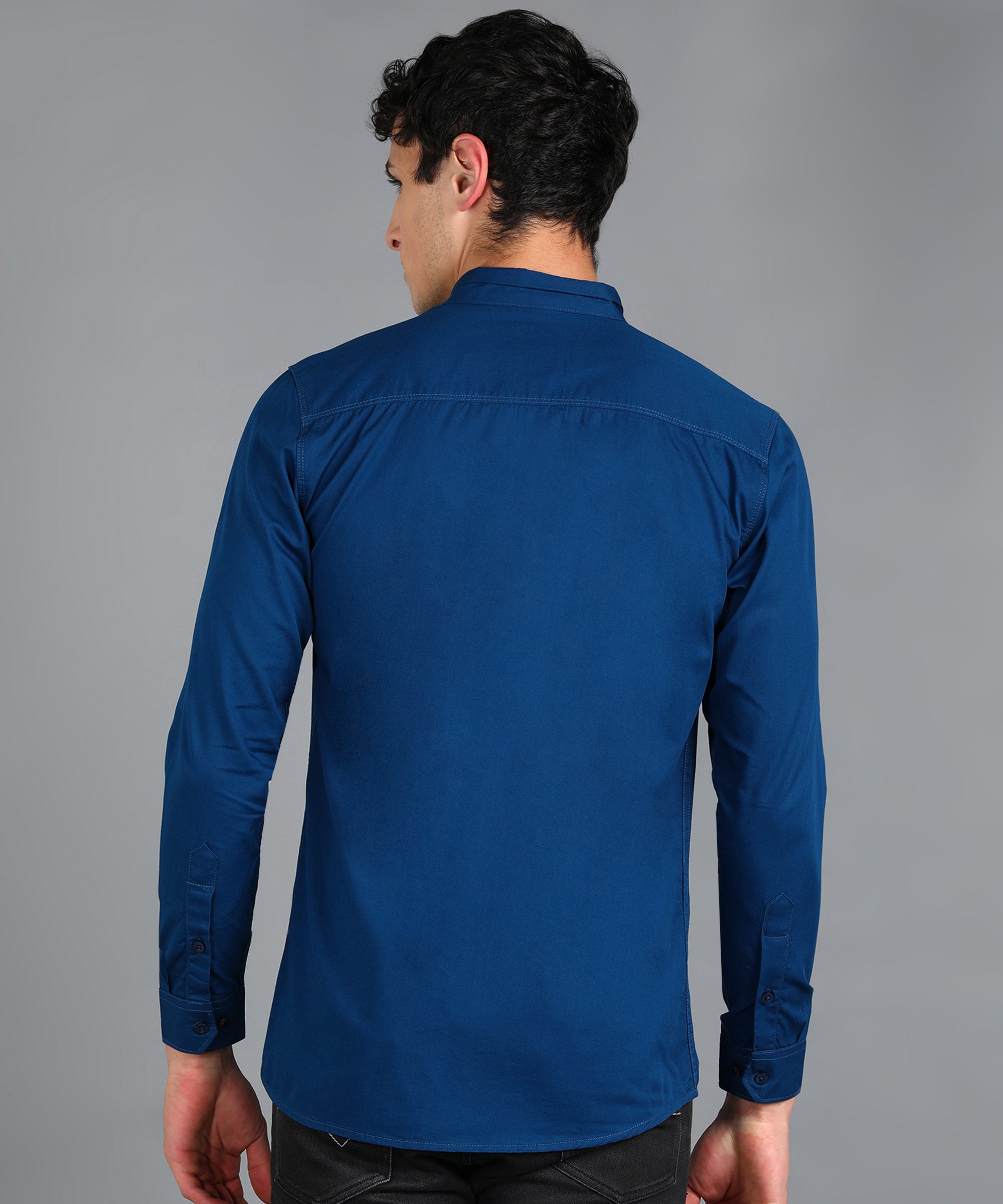 Men's Royal Blue Cotton Full Sleeve Slim Fit Solid Shirt with Mandarin Collar