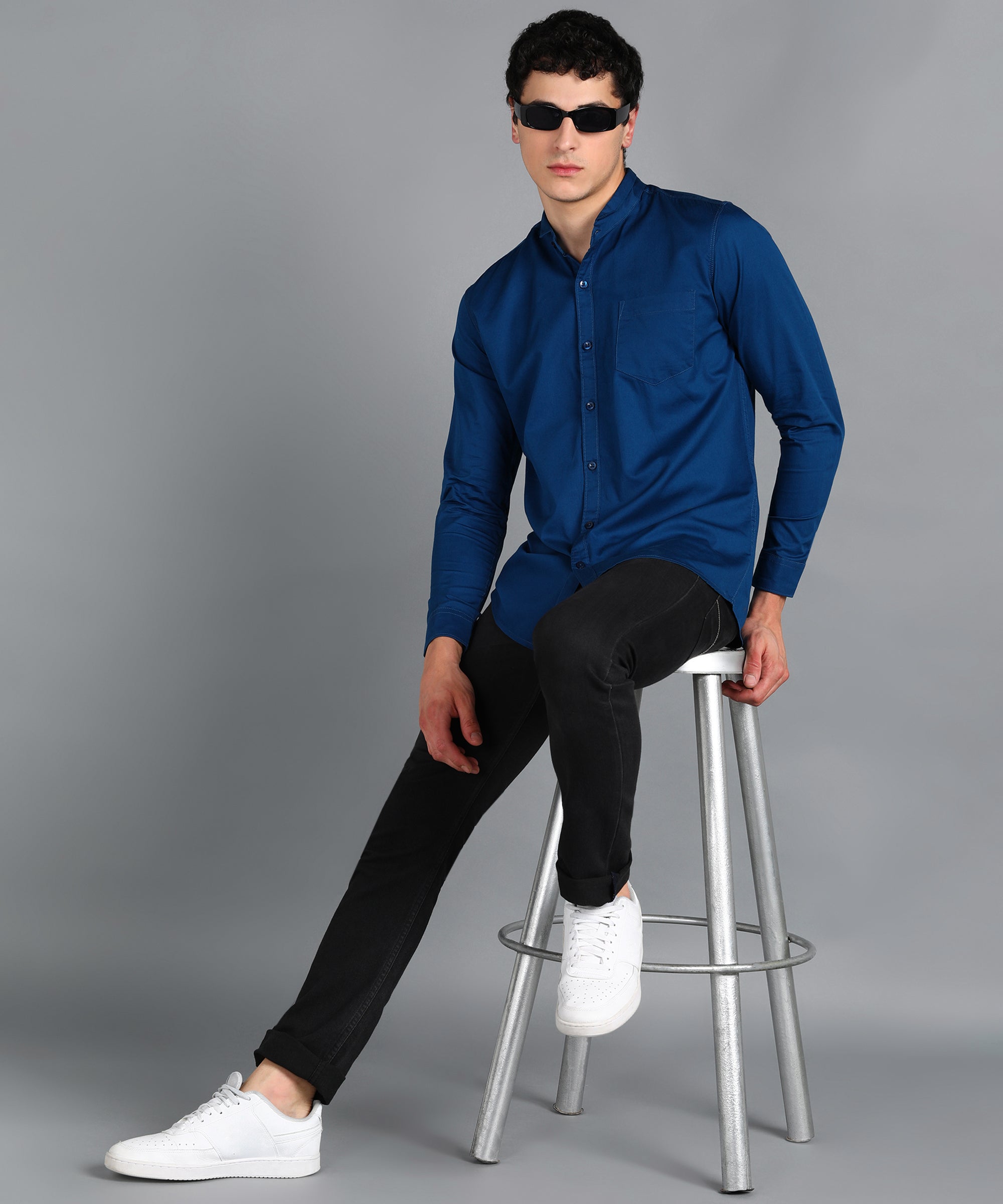 Men's Royal Blue Cotton Full Sleeve Slim Fit Solid Shirt with Mandarin Collar