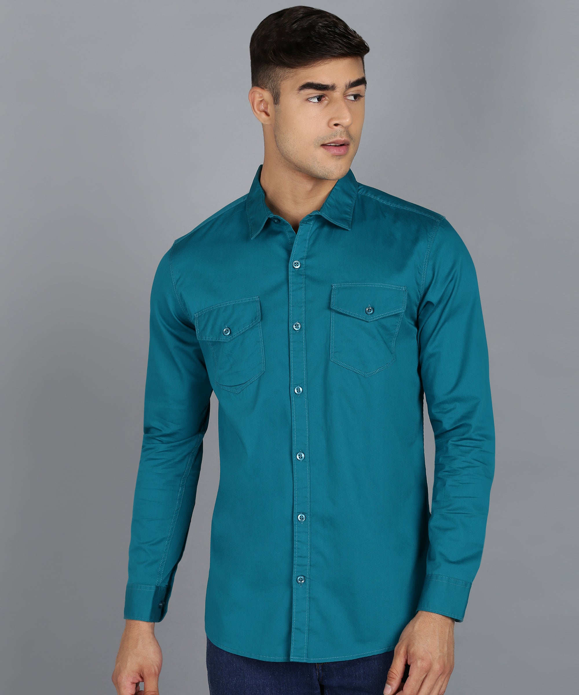 Men's Teal Green Cotton Full Sleeve Slim Fit Casual Solid Shirt