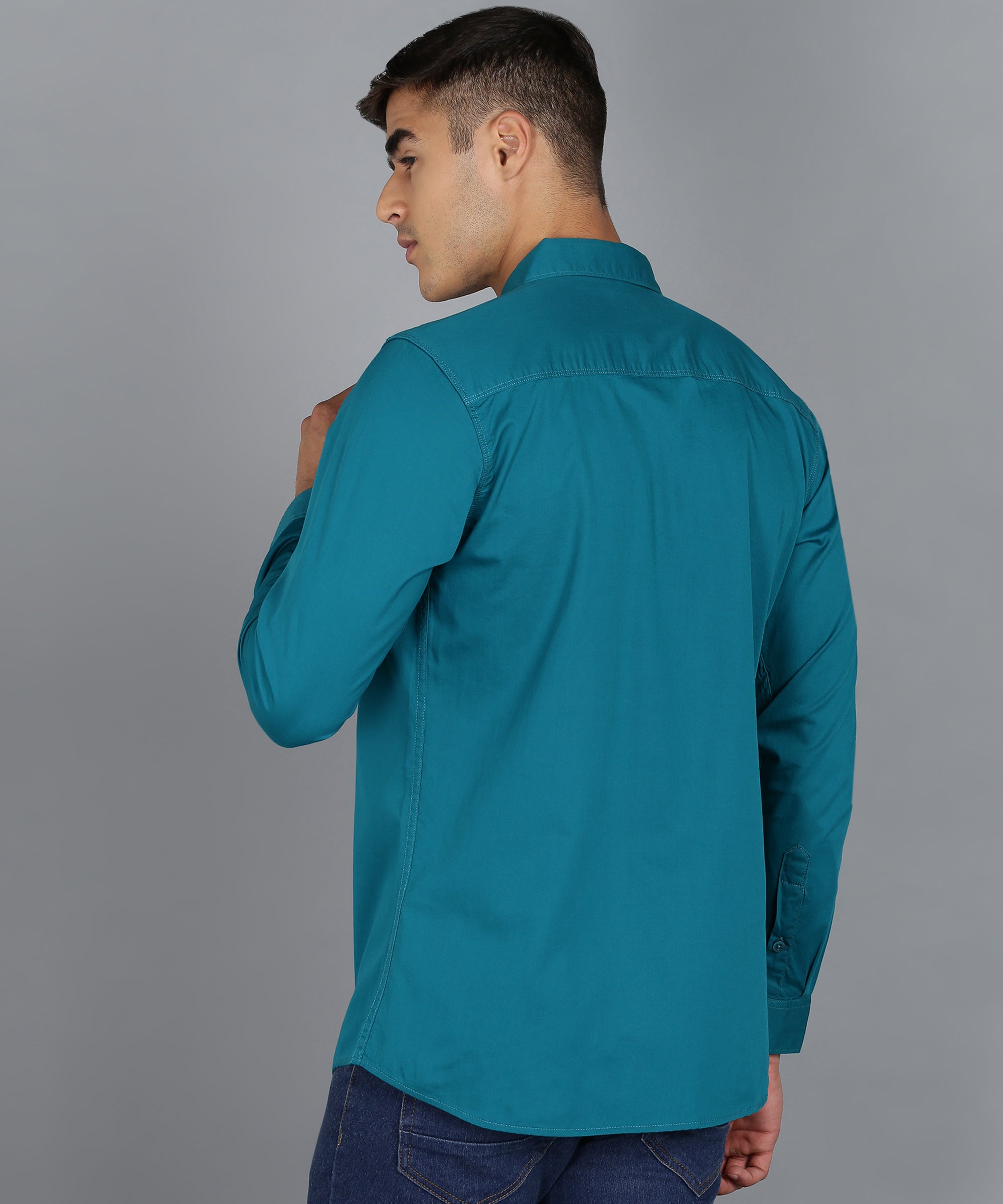 Men's Teal Green Cotton Full Sleeve Slim Fit Casual Solid Shirt