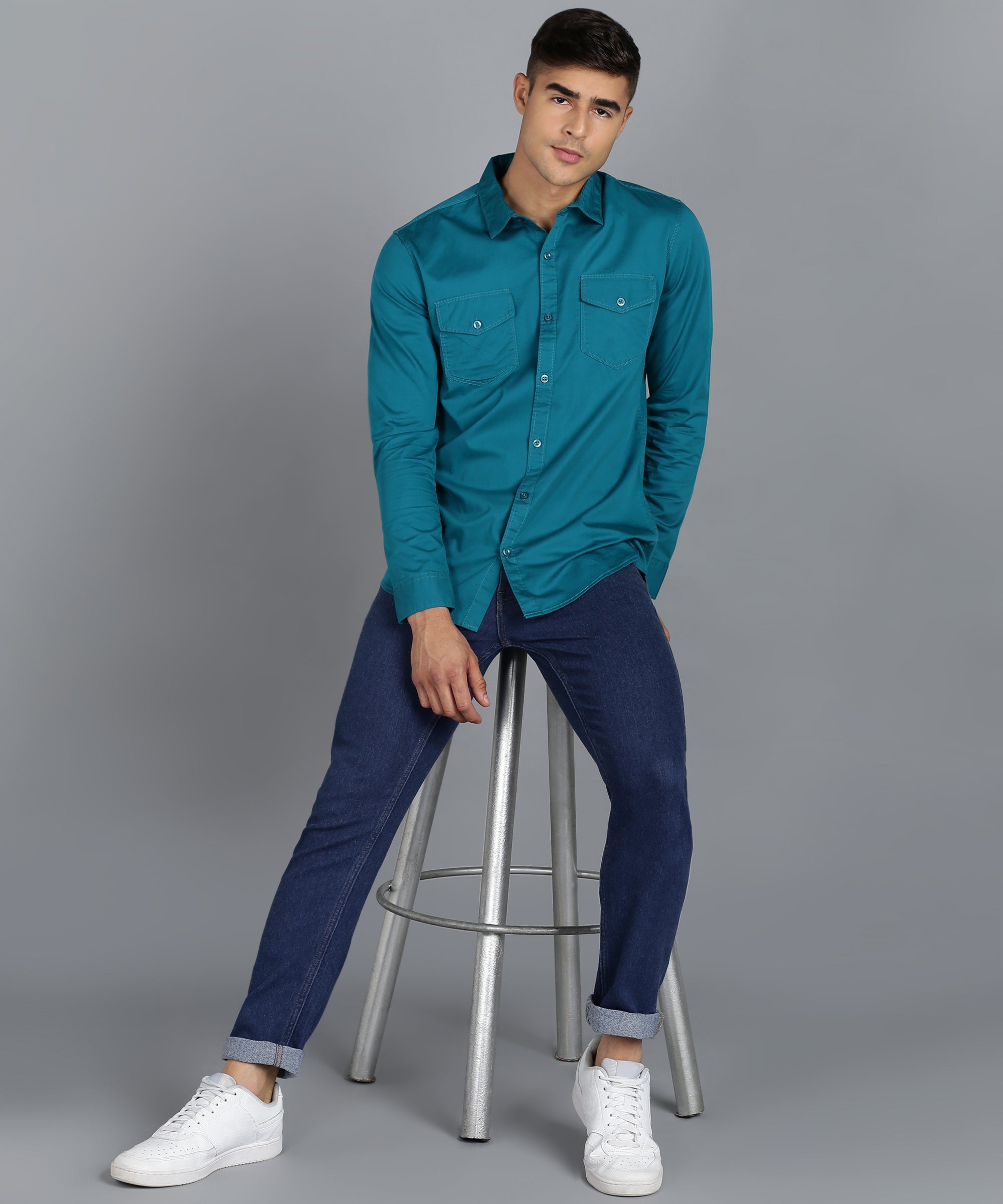 Men's Teal Green Cotton Full Sleeve Slim Fit Casual Solid Shirt