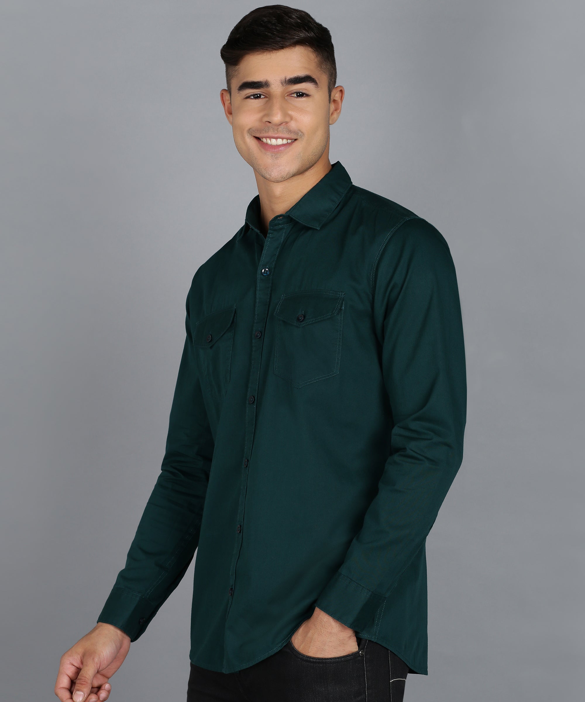 Men's Green Cotton Full Sleeve Slim Fit Casual Solid Shirt