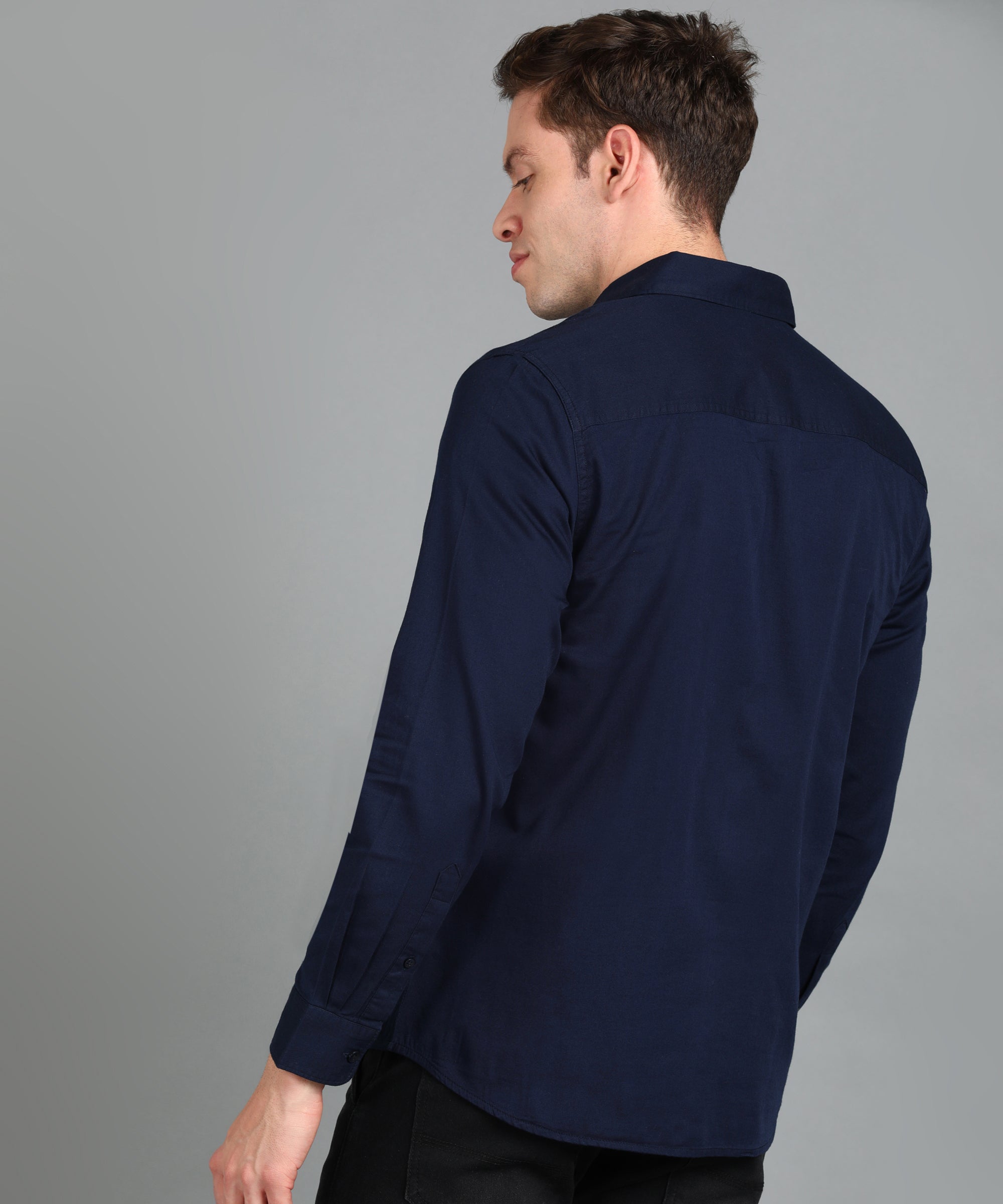 Men's Navy Blue Cotton Full Sleeve Slim Fit Casual Solid Shirt