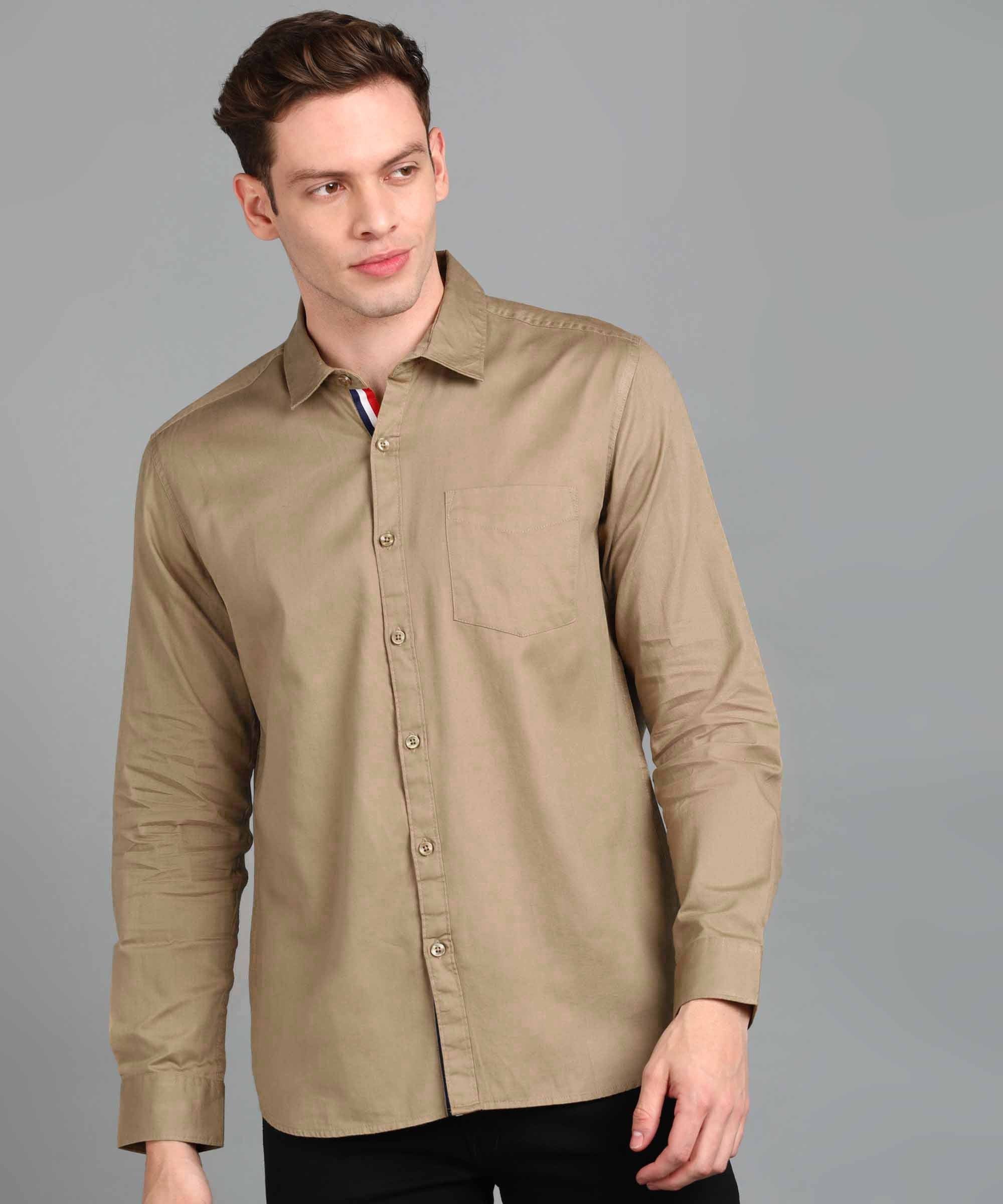 Men's Khaki Cotton Full Sleeve Slim Fit Casual Solid Shirt