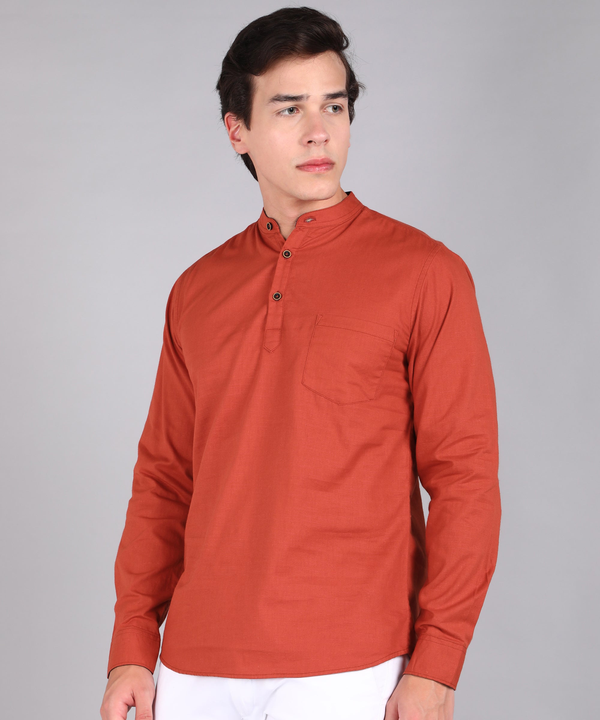 Men's Orange Cotton Full Sleeve Slim Fit Solid Shirt with Mandarin Collar