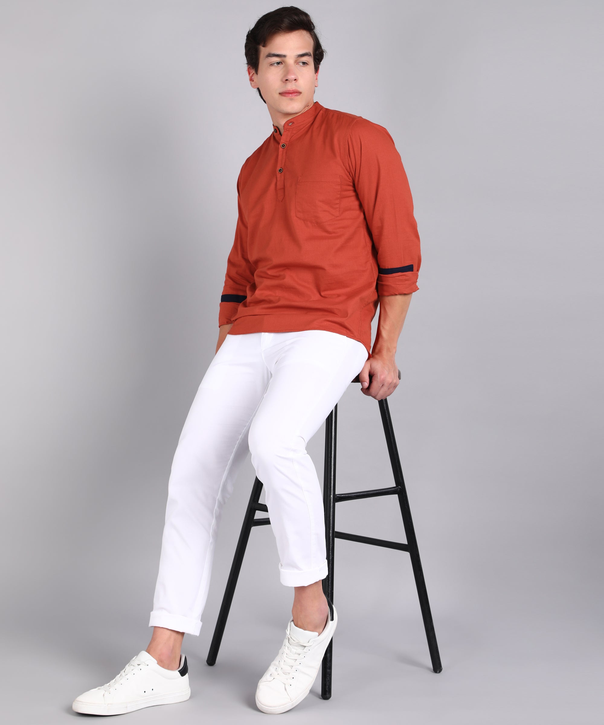 Men's Orange Cotton Full Sleeve Slim Fit Solid Shirt with Mandarin Collar