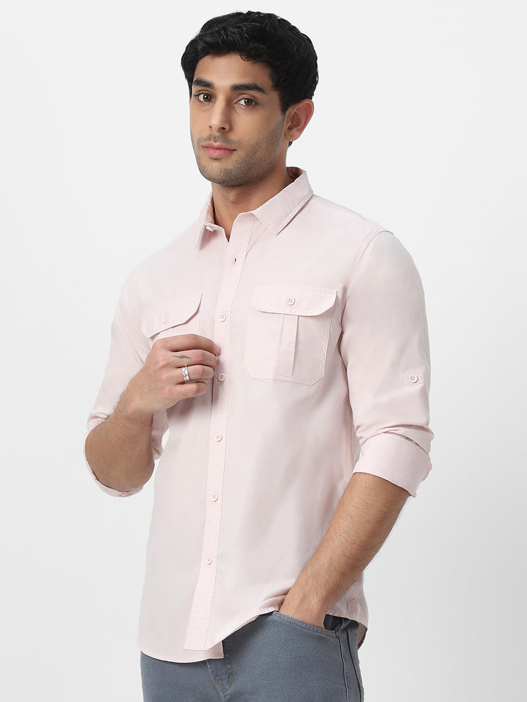 Men's Baby Pink Cotton Full Sleeve Regular Fit Casual Solid Shirt