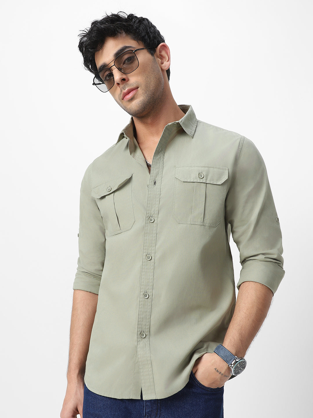 Men's Olive Cotton Full Sleeve Regular Fit Casual Solid Shirt