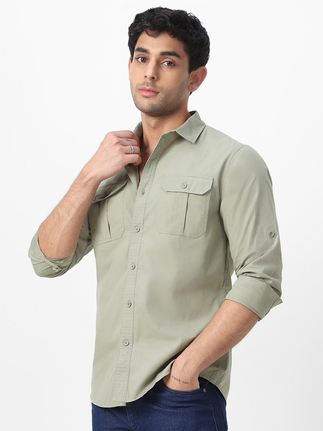 Men's Olive Cotton Full Sleeve Regular Fit Casual Solid Shirt