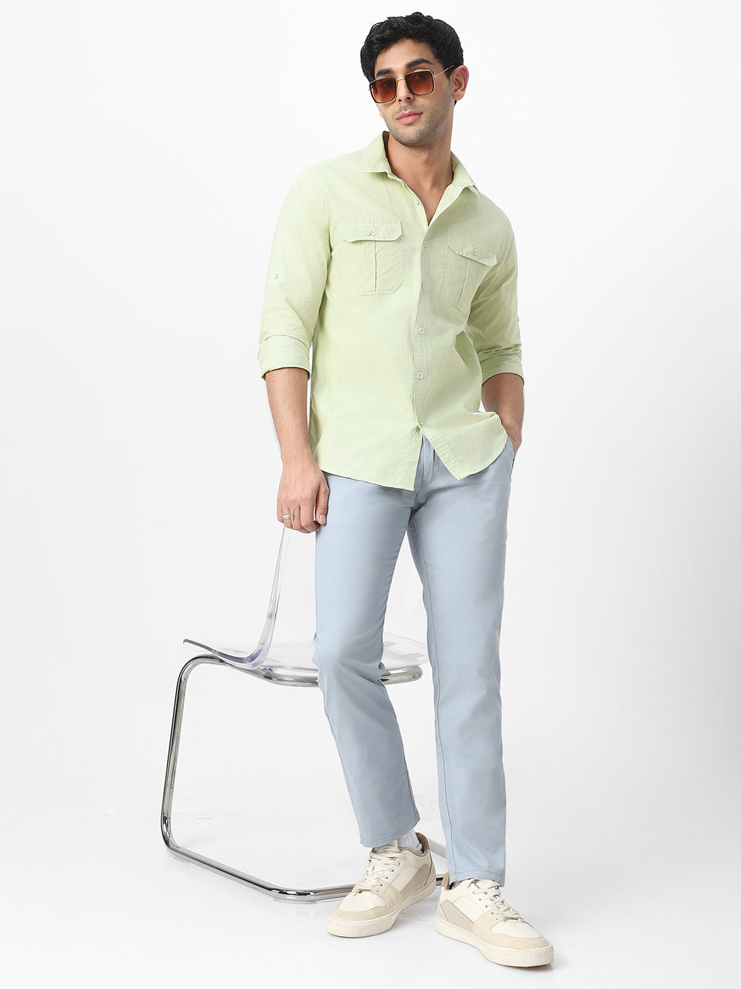 Men's Pastel Green Cotton Full Sleeve Regular Fit Casual Solid Shirt