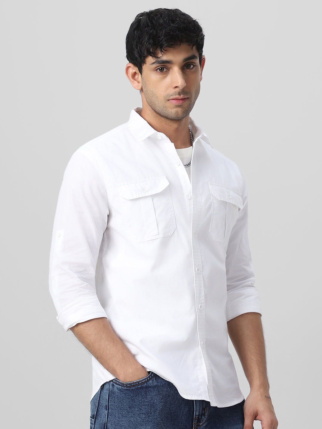 Men's White Cotton Full Sleeve Regular Fit Casual Solid Shirt