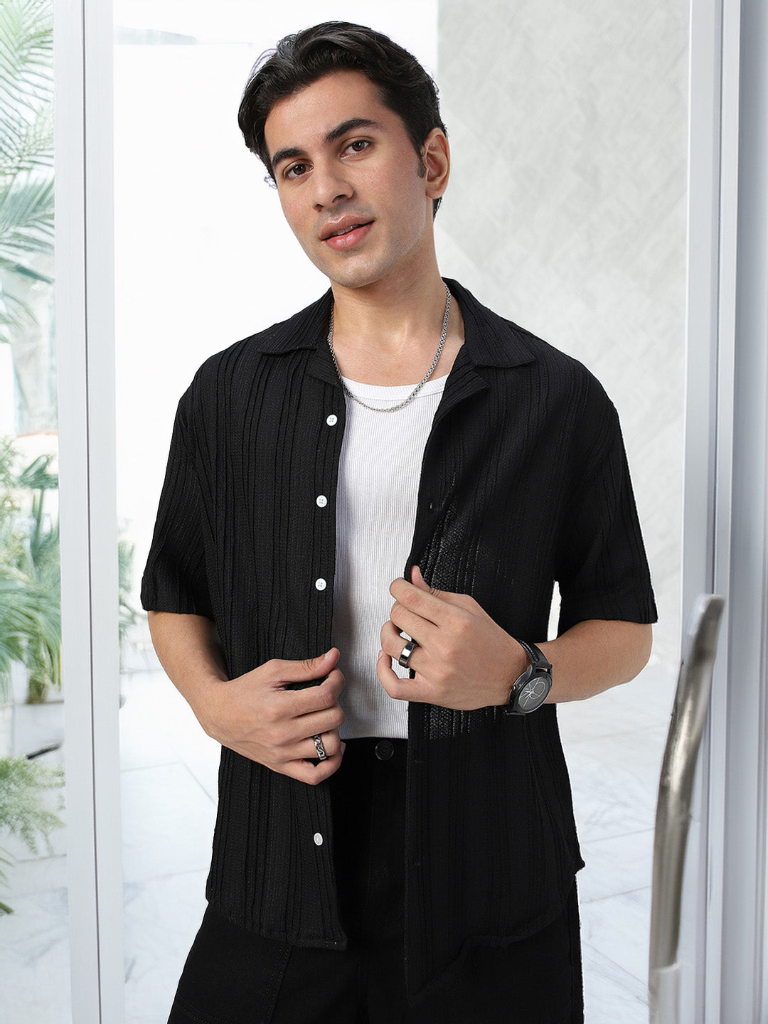 Men's Black Cotton Half Sleeve Oversized Fit Textured Shirt with Cuban Collar