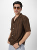 Men's Brown Cotton Half Sleeve Oversized Fit Textured Shirt with Cuban Collar