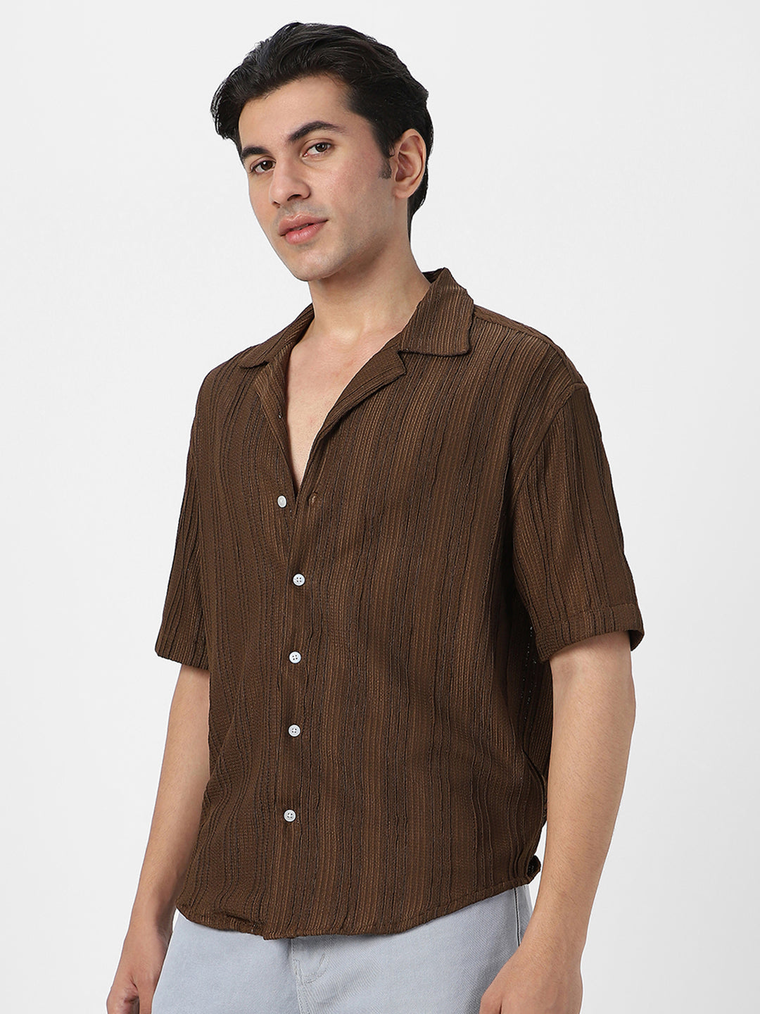 Men's Brown Cotton Half Sleeve Oversized Fit Textured Shirt with Cuban Collar