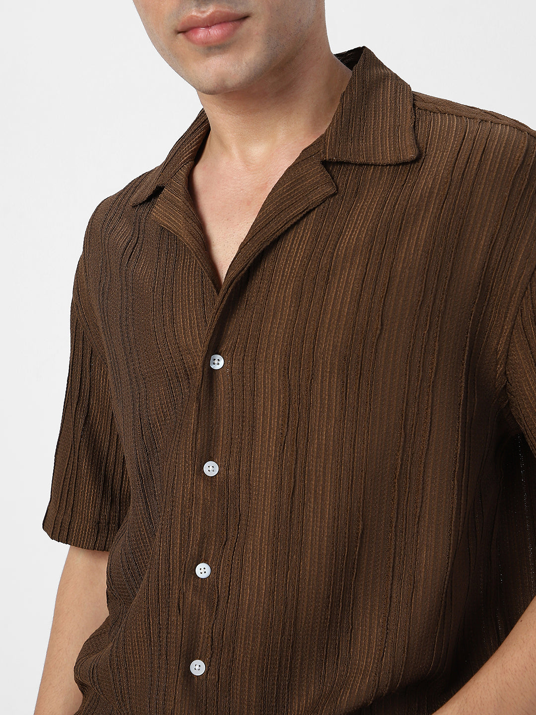 Men's Brown Cotton Half Sleeve Oversized Fit Textured Shirt with Cuban Collar