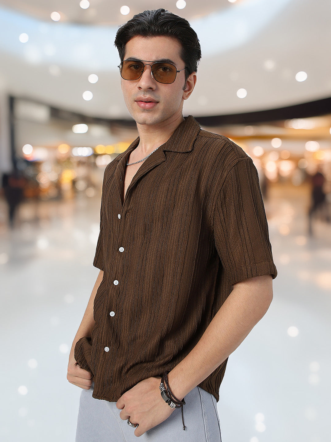 Men's Brown Cotton Half Sleeve Oversized Fit Textured Shirt with Cuban Collar