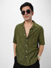 Men's Olive Green Cotton Half Sleeve Oversized Fit Textured Shirt with Cuban Collar