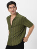 Men's Olive Green Cotton Half Sleeve Oversized Fit Textured Shirt with Cuban Collar