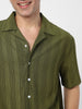 Men's Olive Green Cotton Half Sleeve Oversized Fit Textured Shirt with Cuban Collar