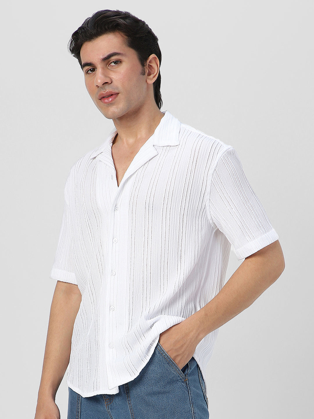 Men's White Cotton Half Sleeve Oversized Fit Textured Shirt with Cuban Collar