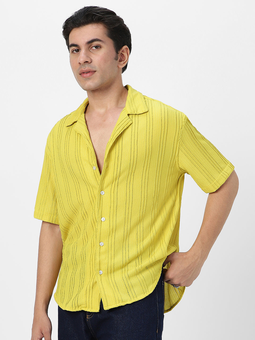 Men's Yellow Cotton Half Sleeve Oversized Fit Textured Shirt with Cuban Collar