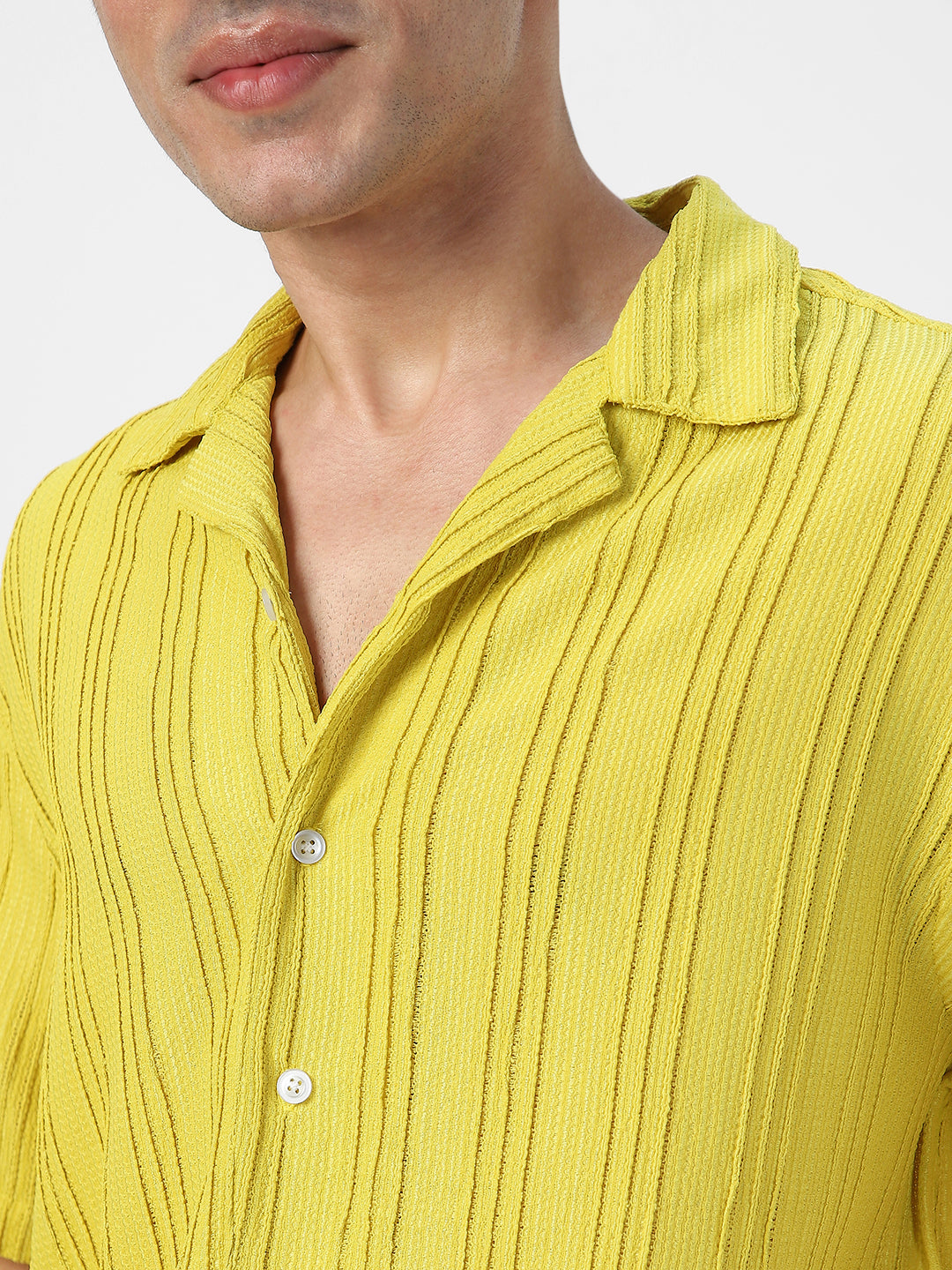 Men's Yellow Cotton Half Sleeve Oversized Fit Textured Shirt with Cuban Collar