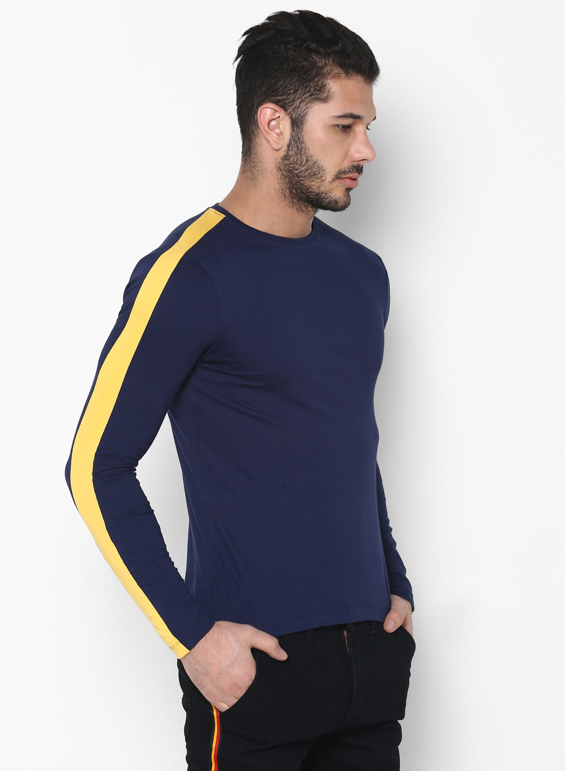 Men's Navy Blue Side Striped Full Sleeve Cotton T-Shirt