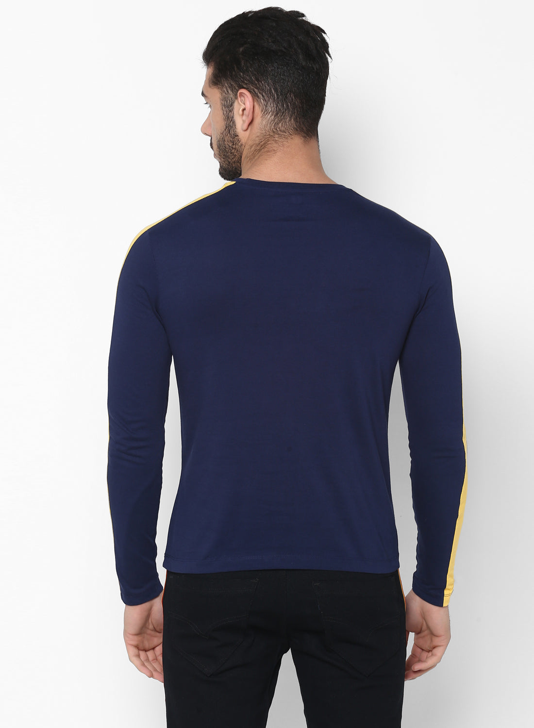 Men's Navy Blue Side Striped Full Sleeve Cotton T-Shirt