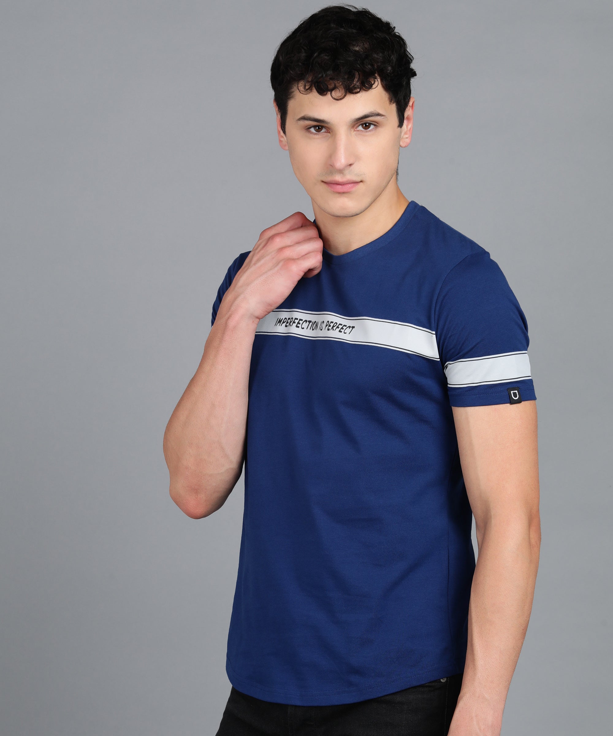 Men's Printed Dark Blue Round Neck Half Sleeve Slim Fit Cotton T-Shirt