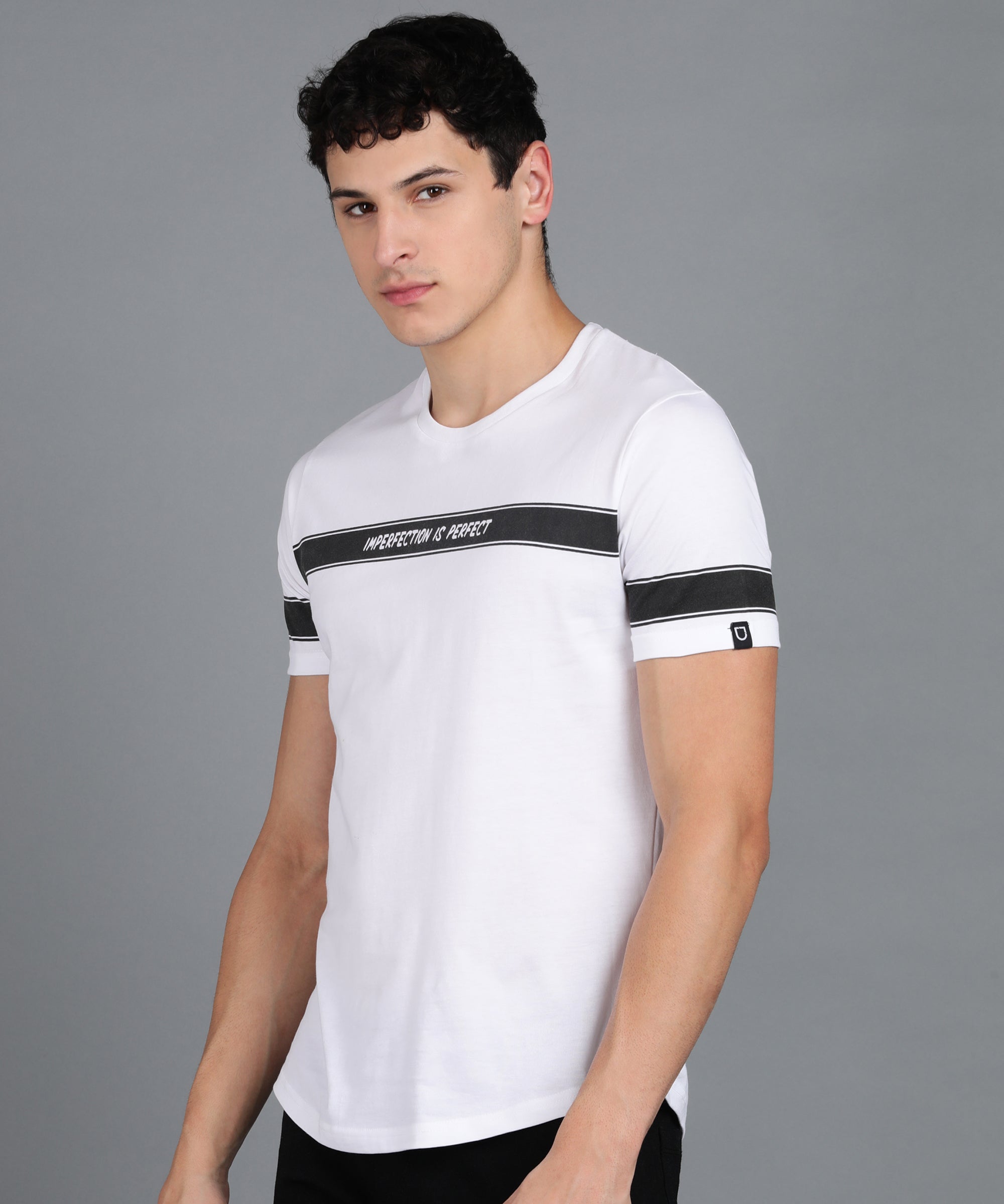 Men's Printed White Round Neck Half Sleeve Slim Fit Cotton T-Shirt