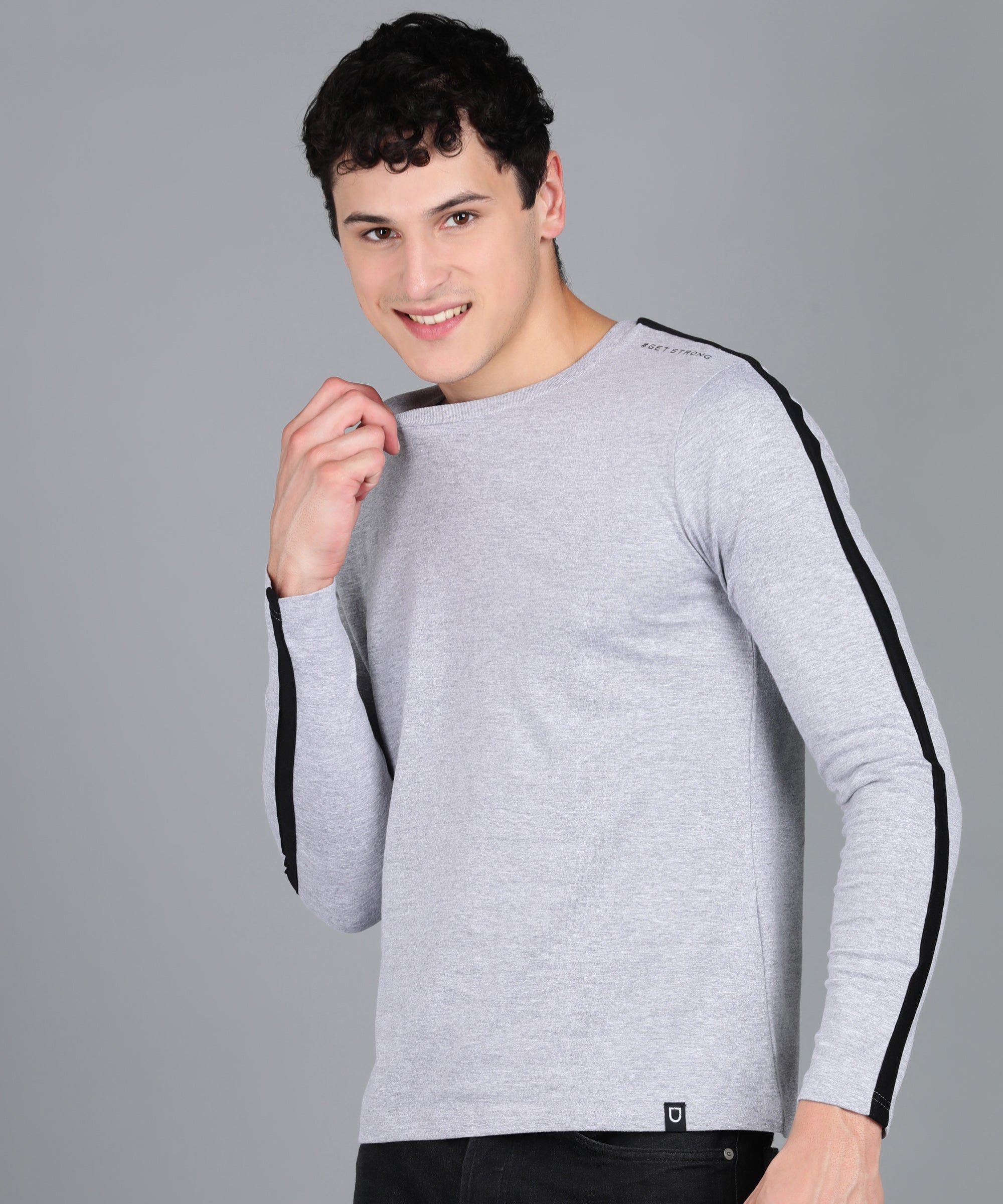 Men's Color-Block Grey Round Neck Full Sleeve Slim Fit Cotton T-Shirt