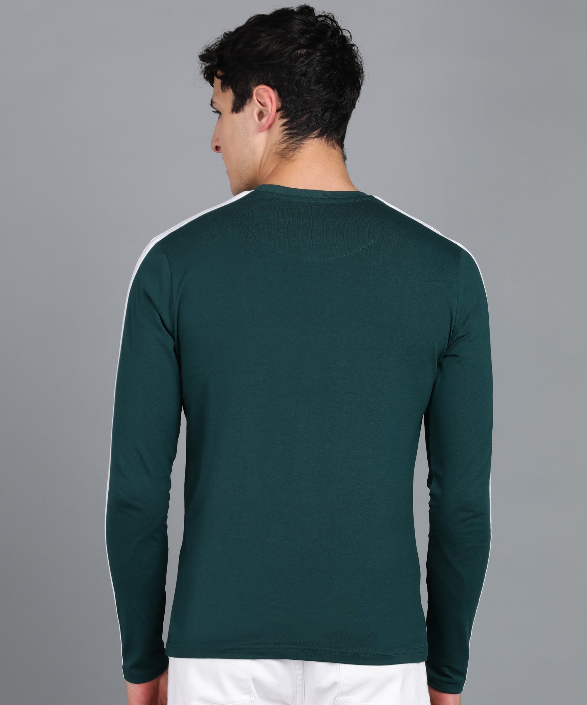 Men's Color-Block Green Round Neck Full Sleeve Slim Fit Cotton T-Shirt