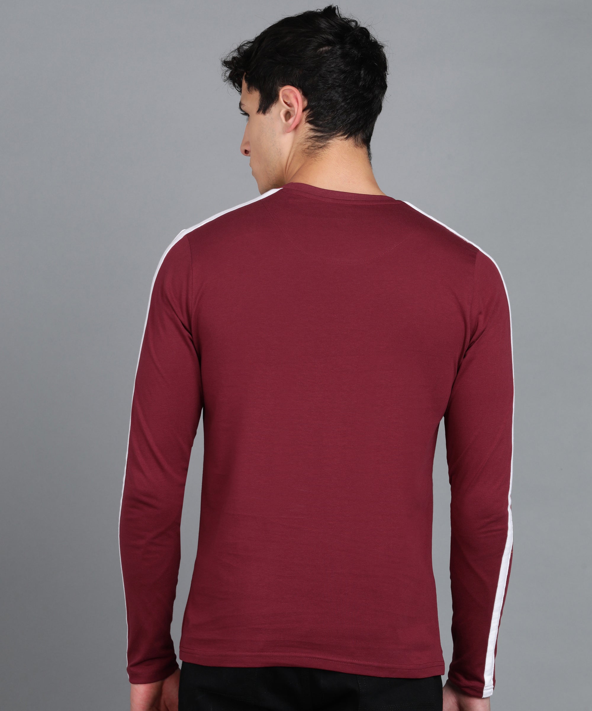 Men's Color-Block Maroon Round Neck Full Sleeve Slim Fit Cotton T-Shirt