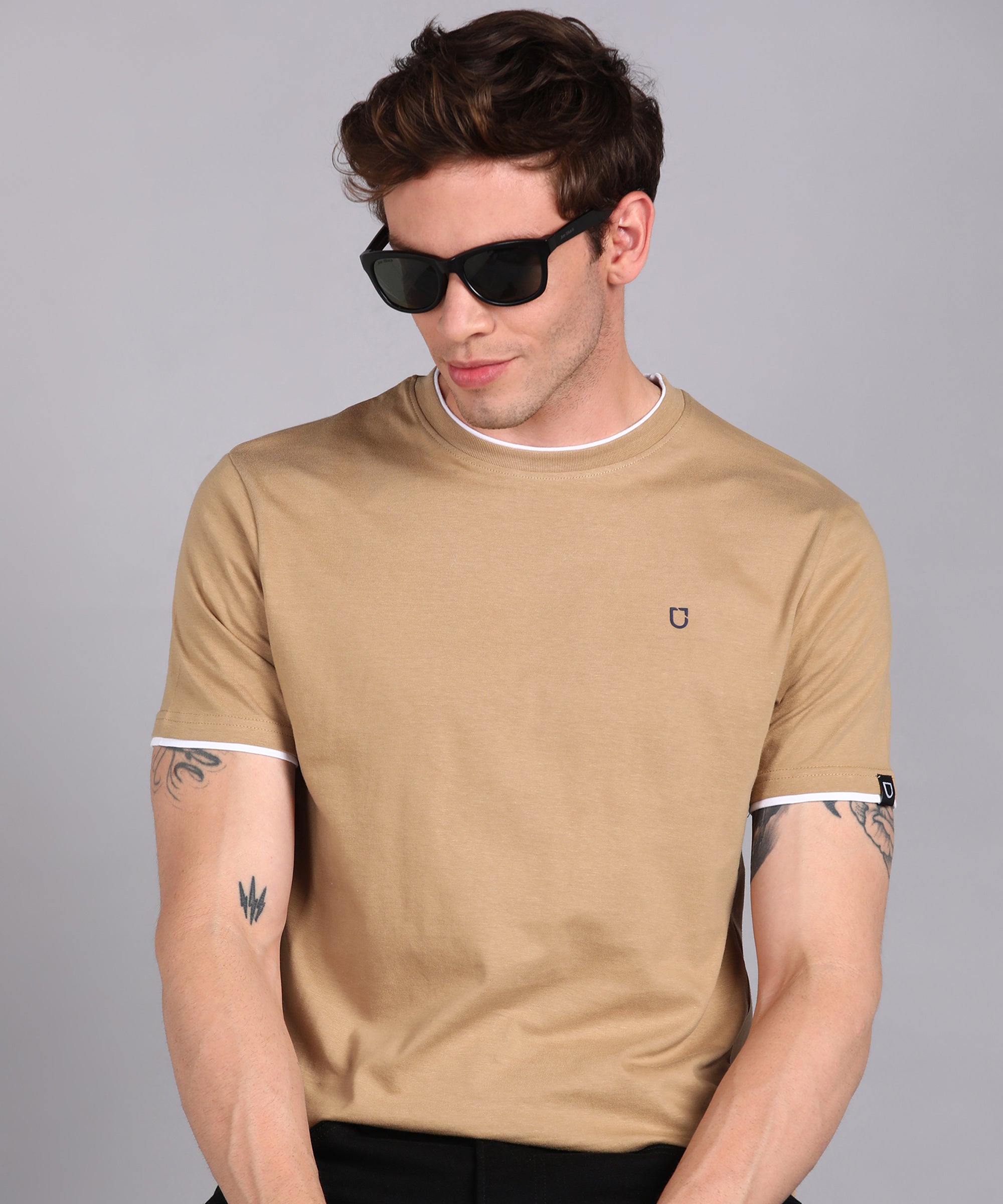 Men's Solid Khaki Round Neck Half Sleeve Slim Fit Cotton T-Shirt