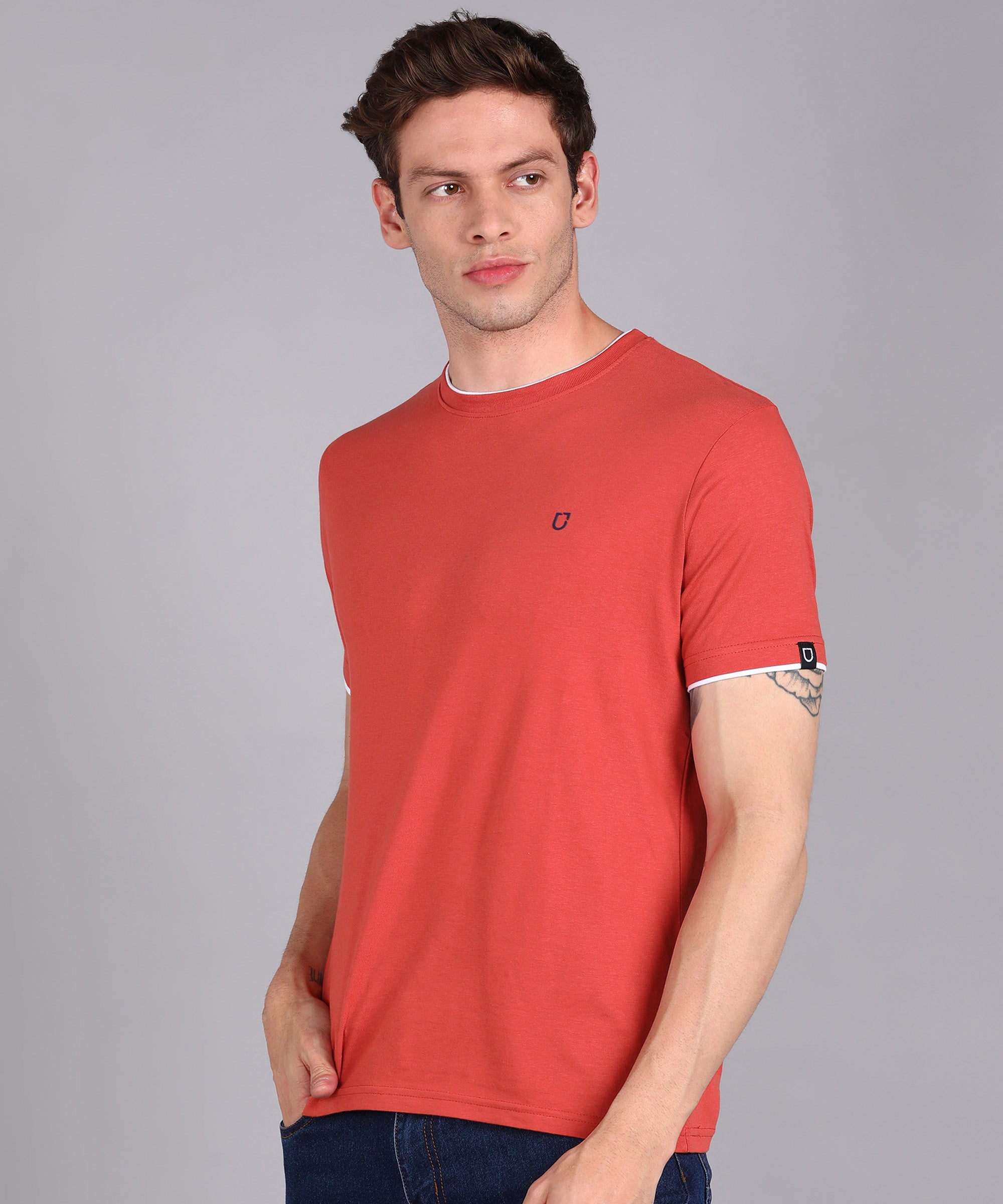 Men's Solid Orange Round Neck Half Sleeve Slim Fit Cotton T-Shirt