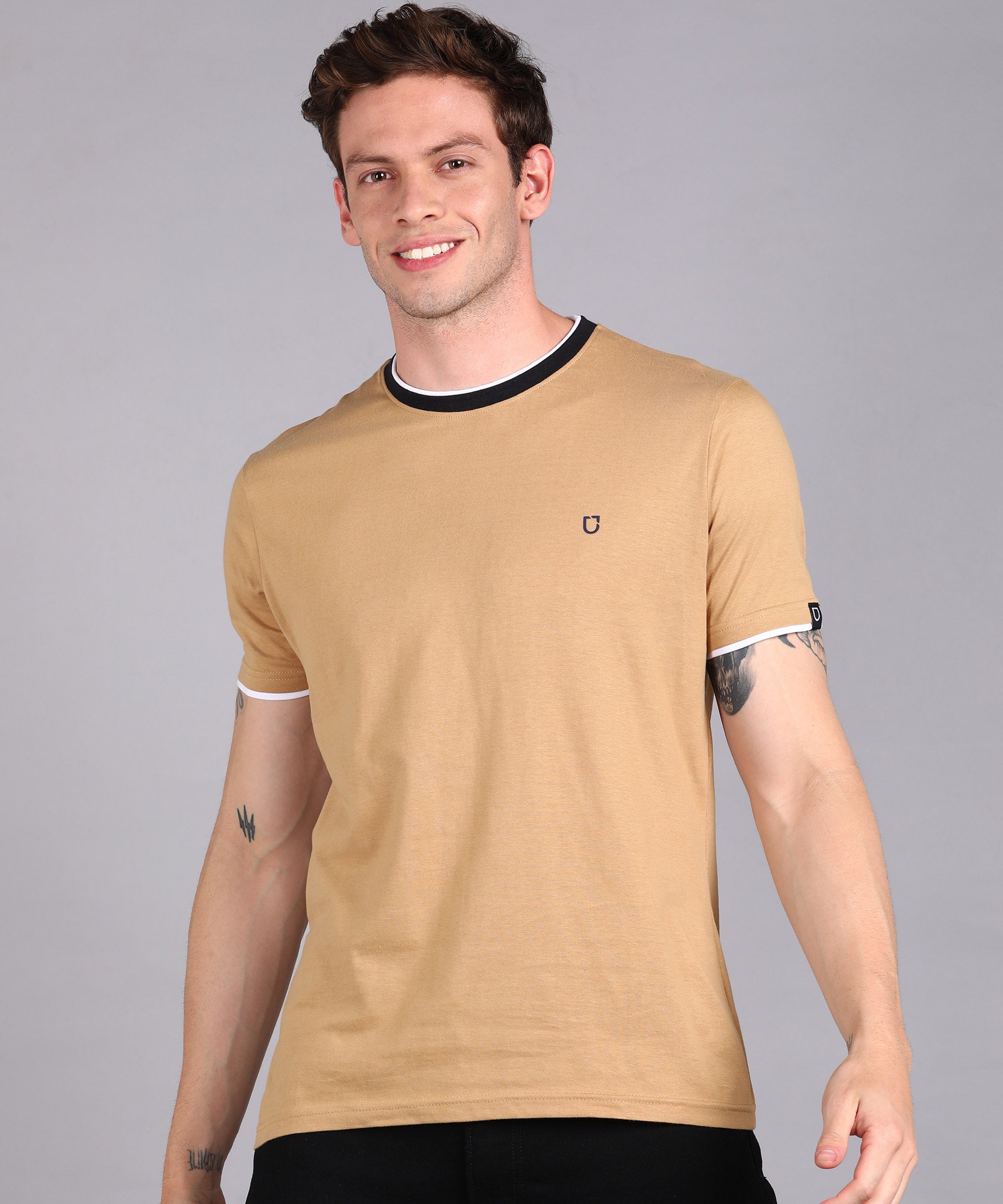 Men's Solid Khaki Round Neck Half Sleeve Slim Fit Cotton T-Shirt