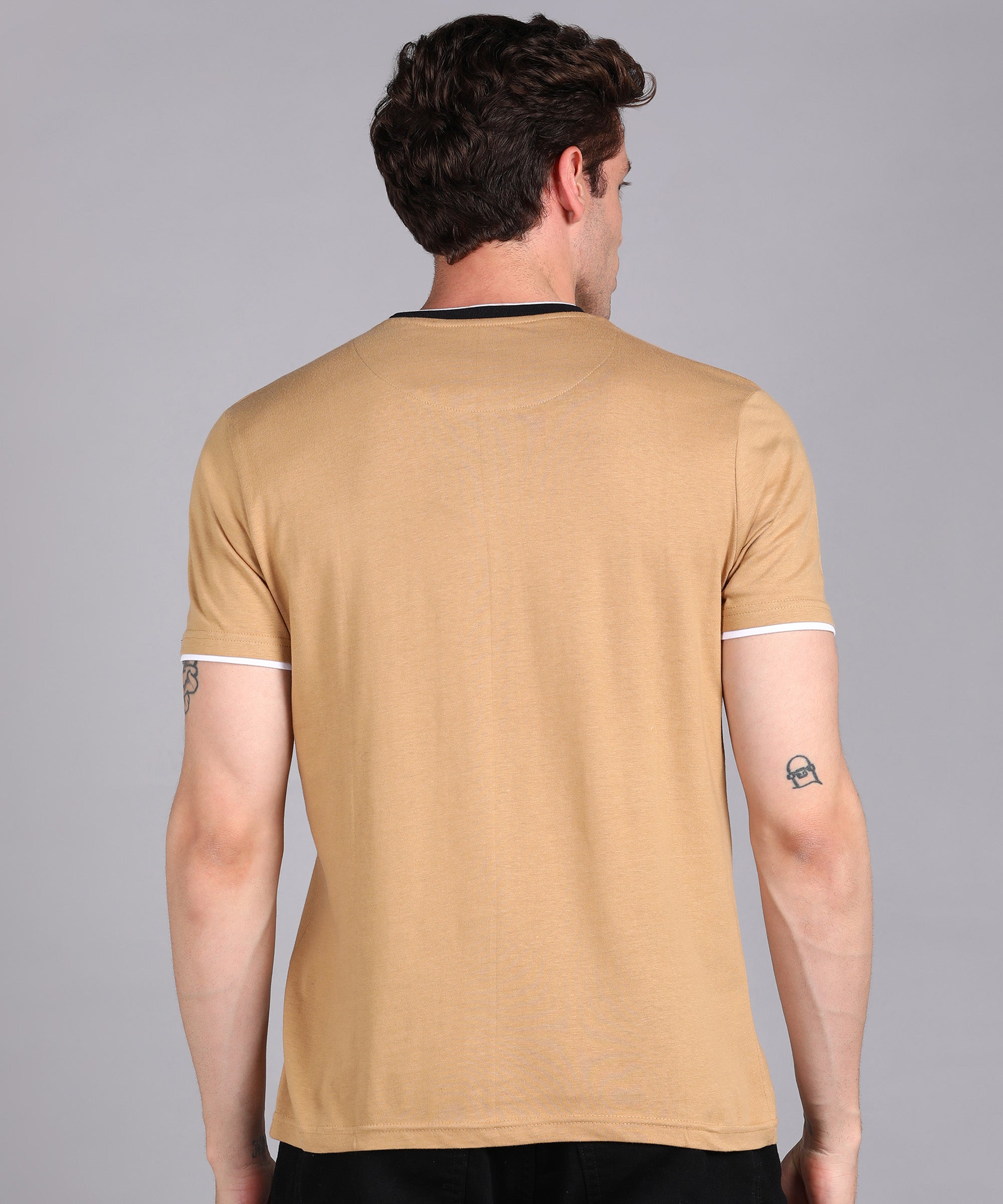 Men's Solid Khaki Round Neck Half Sleeve Slim Fit Cotton T-Shirt