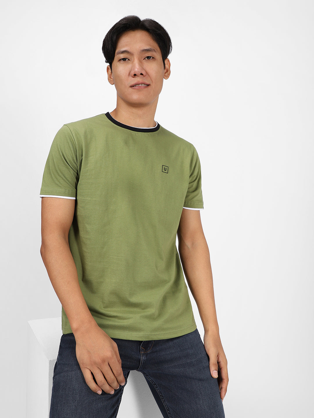 Men's Solid Olive Round Neck Half Sleeve Slim Fit Cotton T-Shirt