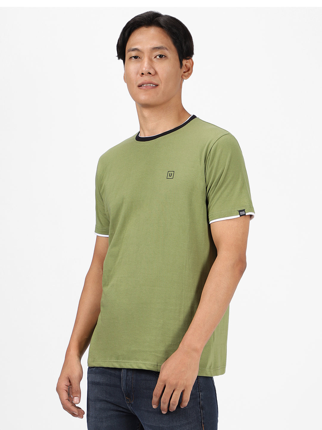 Men's Solid Olive Round Neck Half Sleeve Slim Fit Cotton T-Shirt