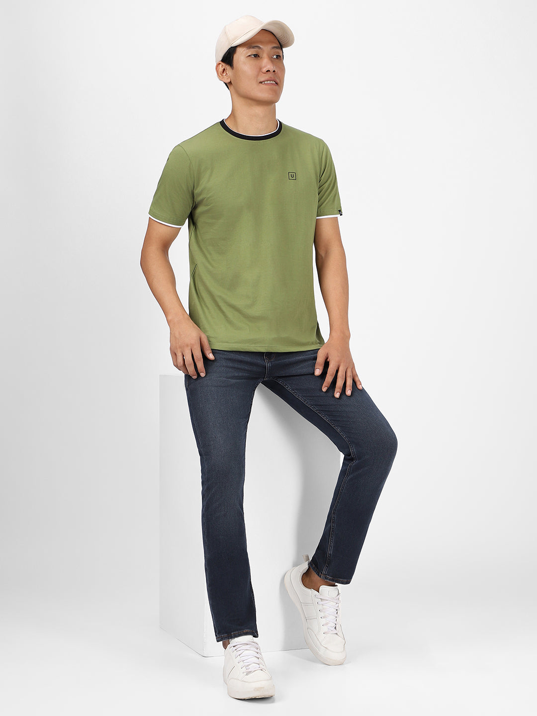 Men's Solid Olive Round Neck Half Sleeve Slim Fit Cotton T-Shirt