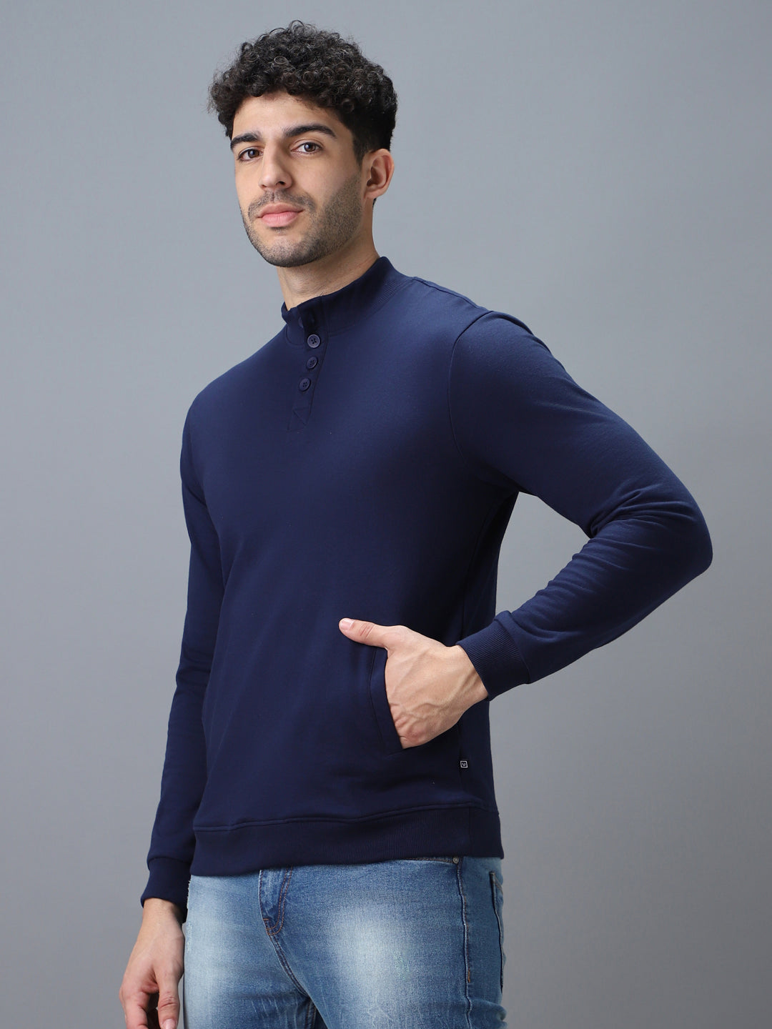 Men's Blue Cotton Solid Button High Neck Sweatshirt