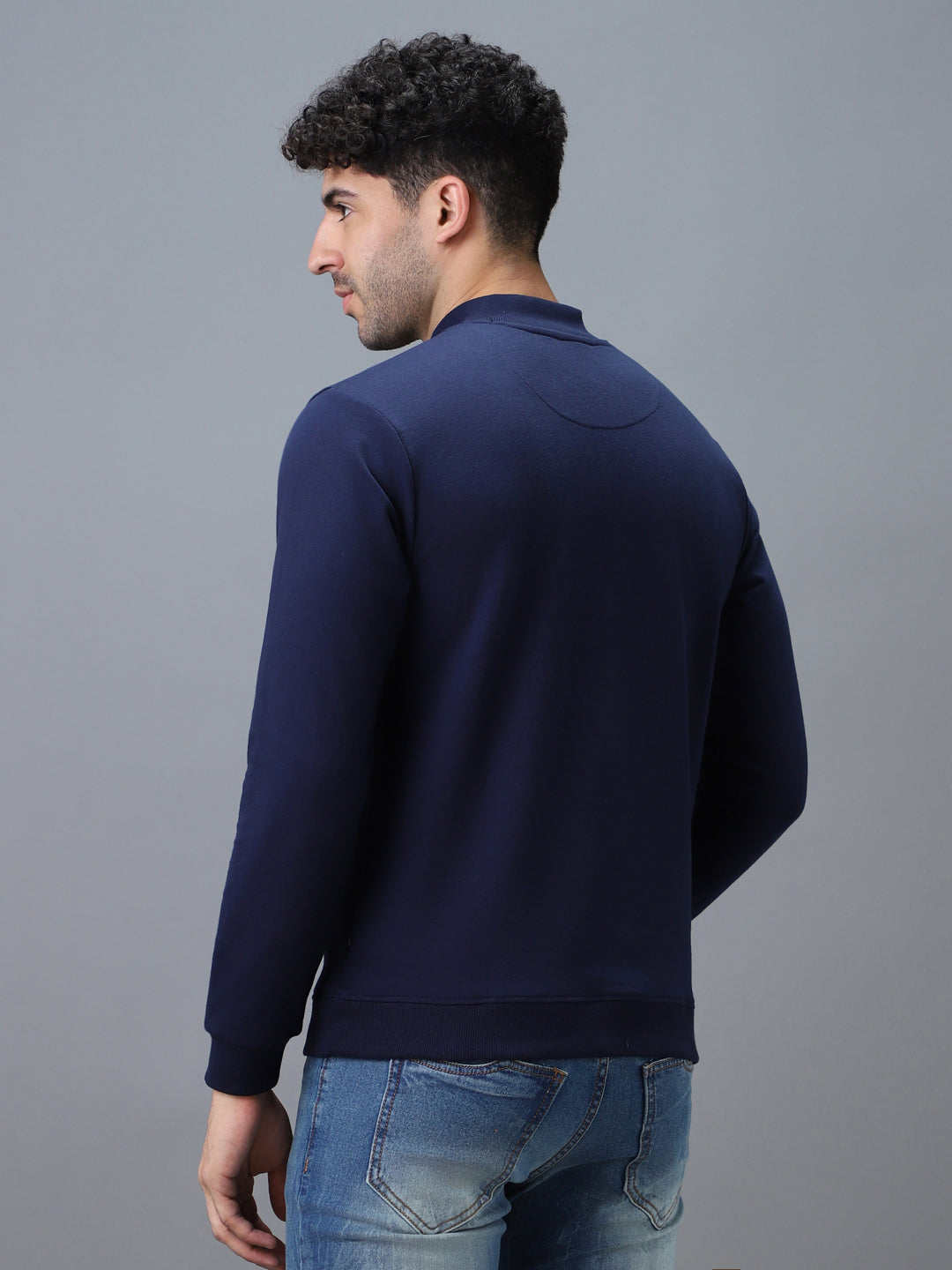 Men's Blue Cotton Solid Button High Neck Sweatshirt
