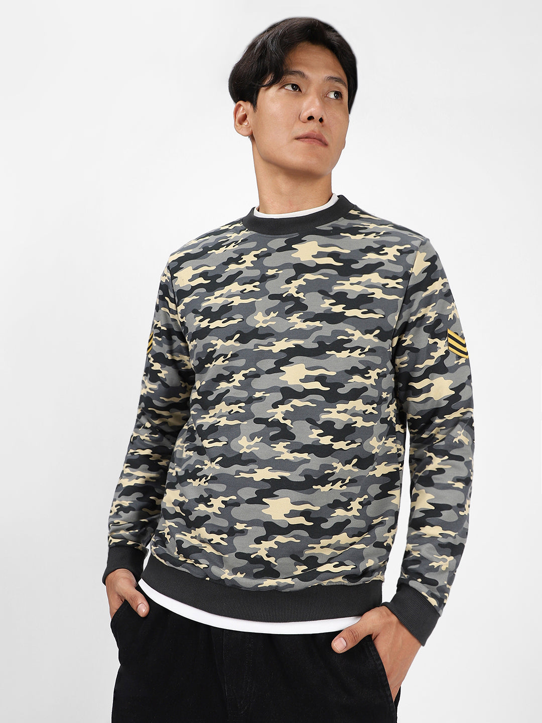 Men's Grey Cotton Camouflage Printed Round Neck Sweatshirt