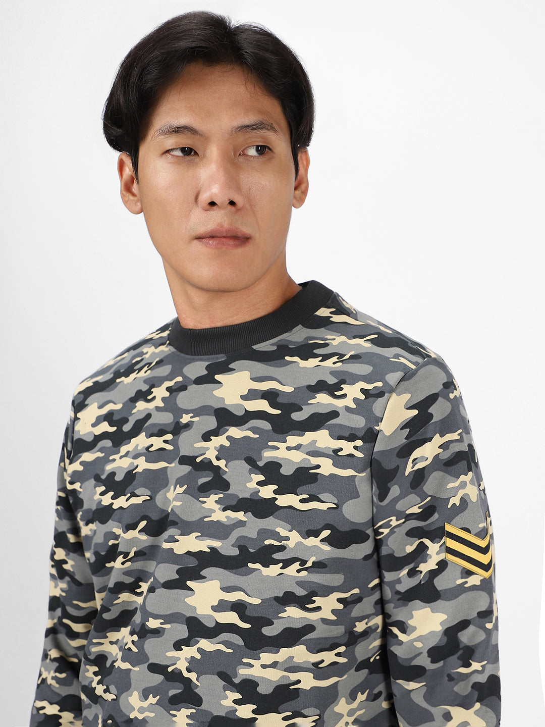 Men's Grey Cotton Camouflage Printed Round Neck Sweatshirt