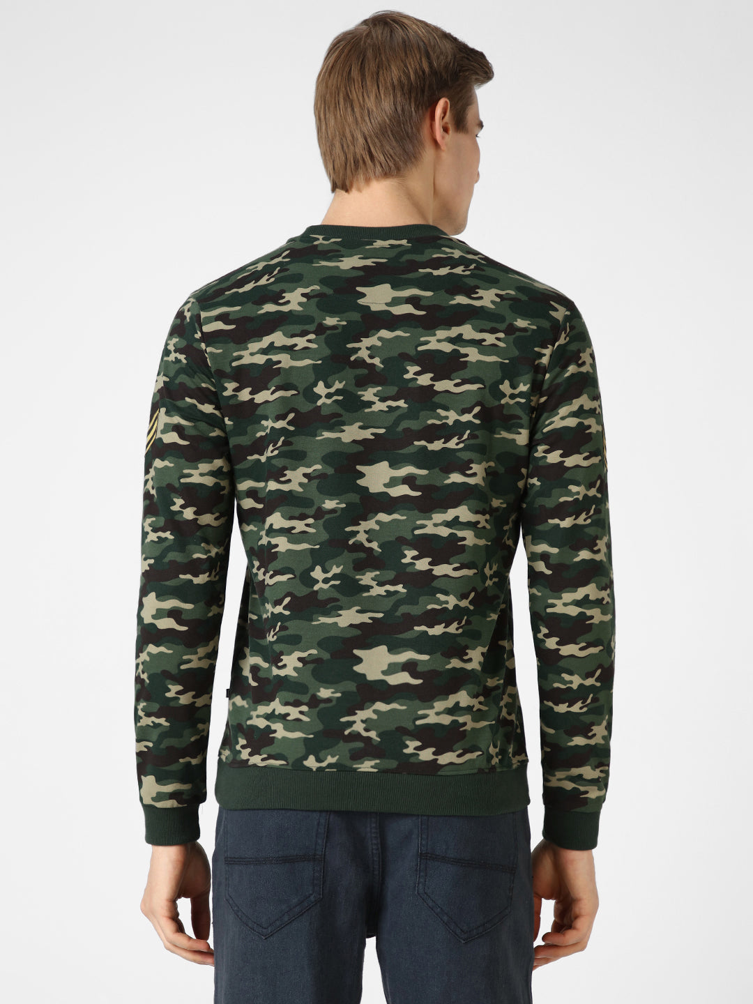 Men's Green Cotton Camouflage Printed Round Neck Sweatshirt