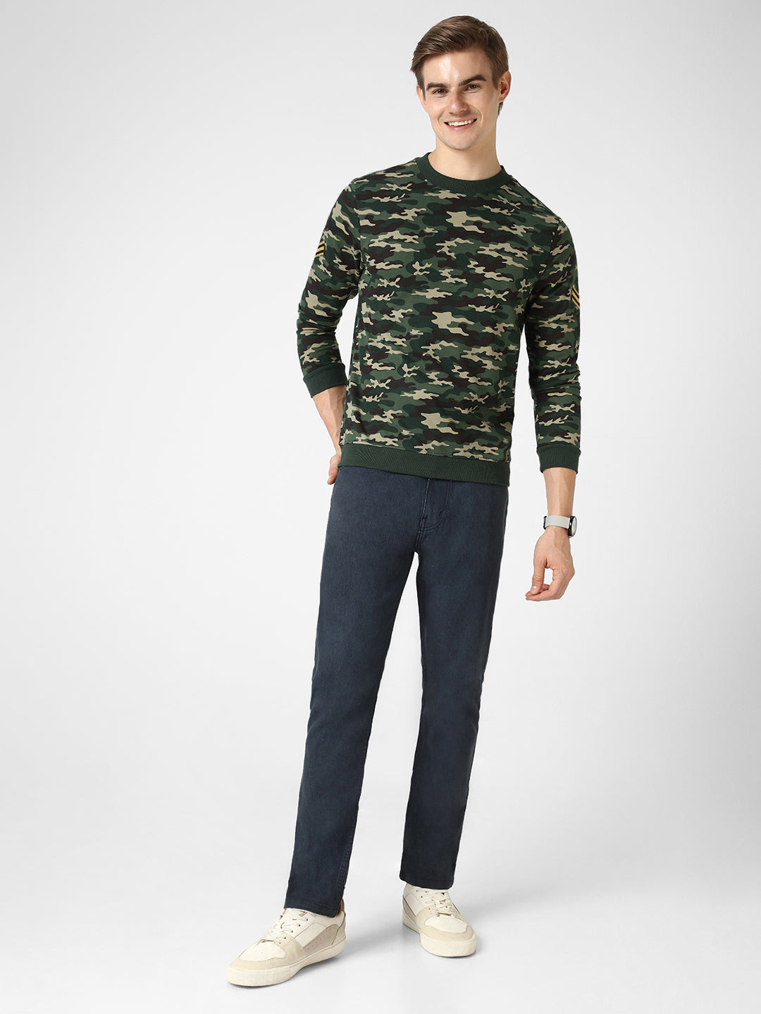 Men's Green Cotton Camouflage Printed Round Neck Sweatshirt