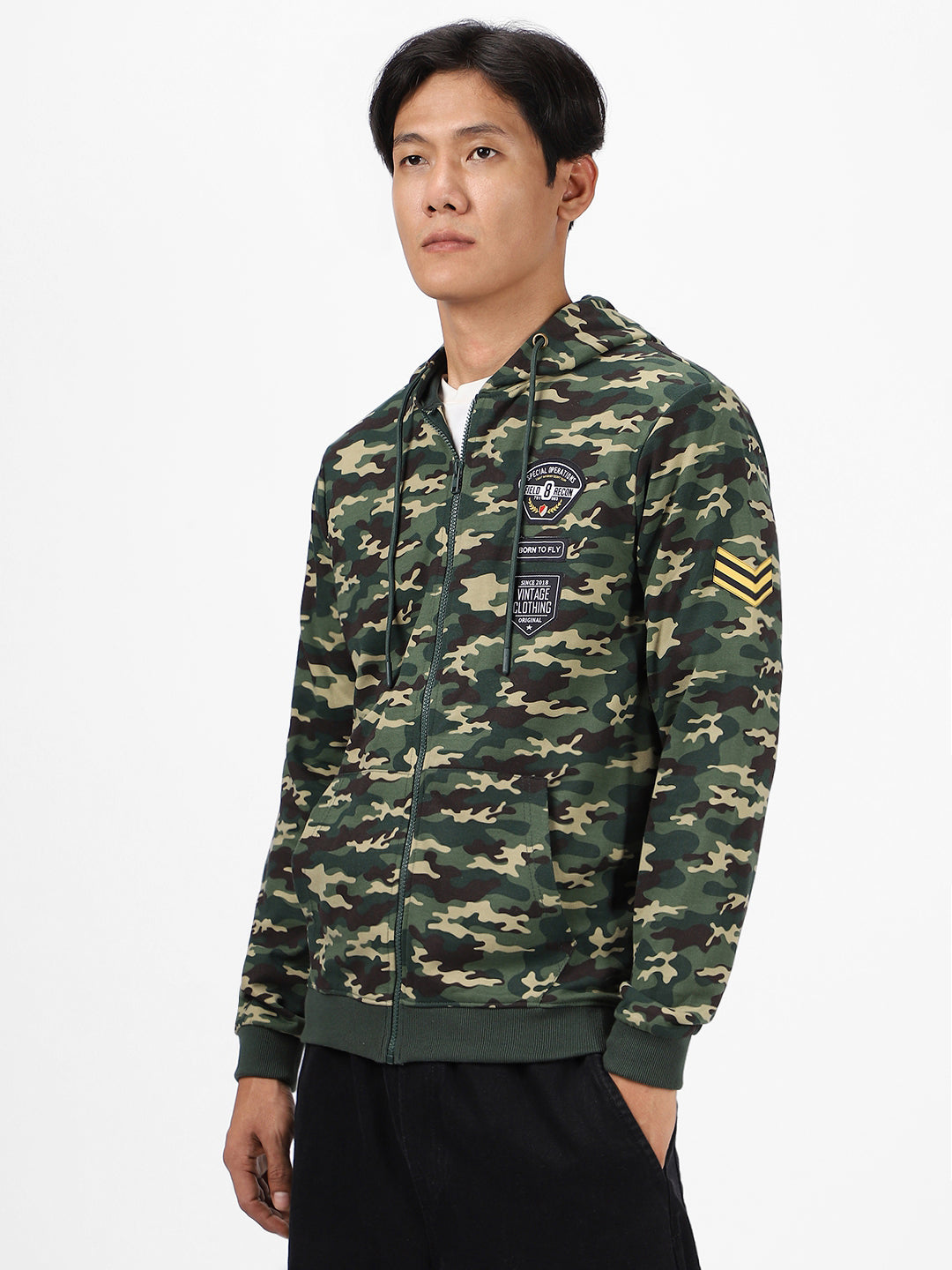 Men's Green Cotton Camouflage Printed Hooded Neck Sweatshirt