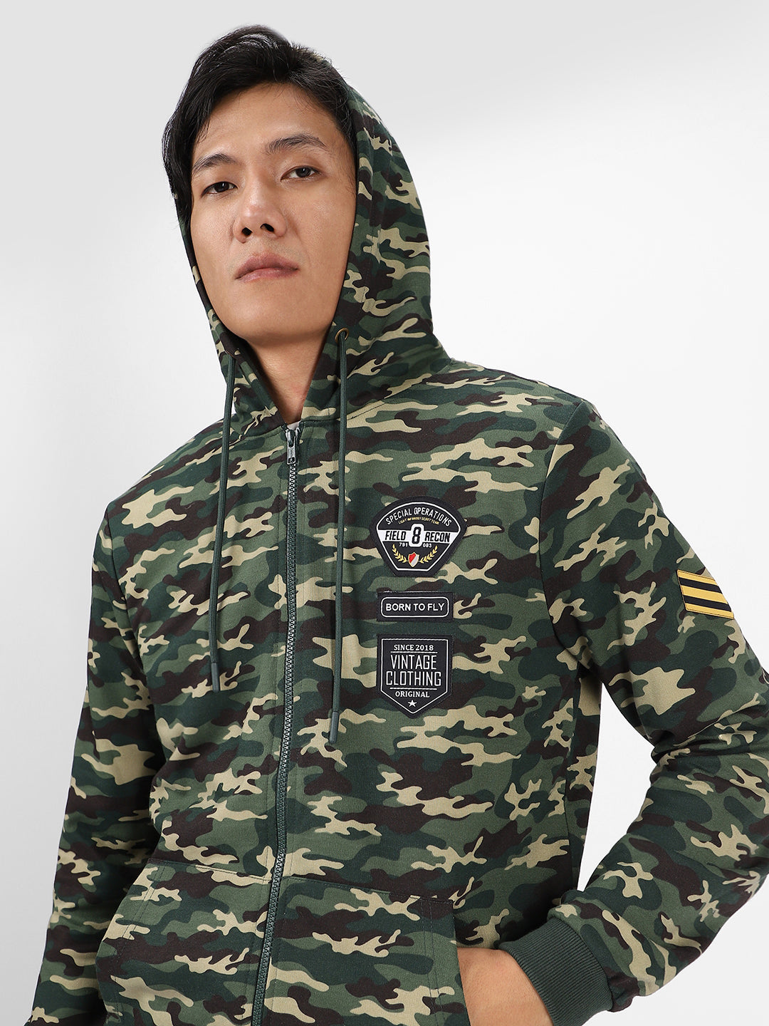 Men's Green Cotton Camouflage Printed Hooded Neck Sweatshirt