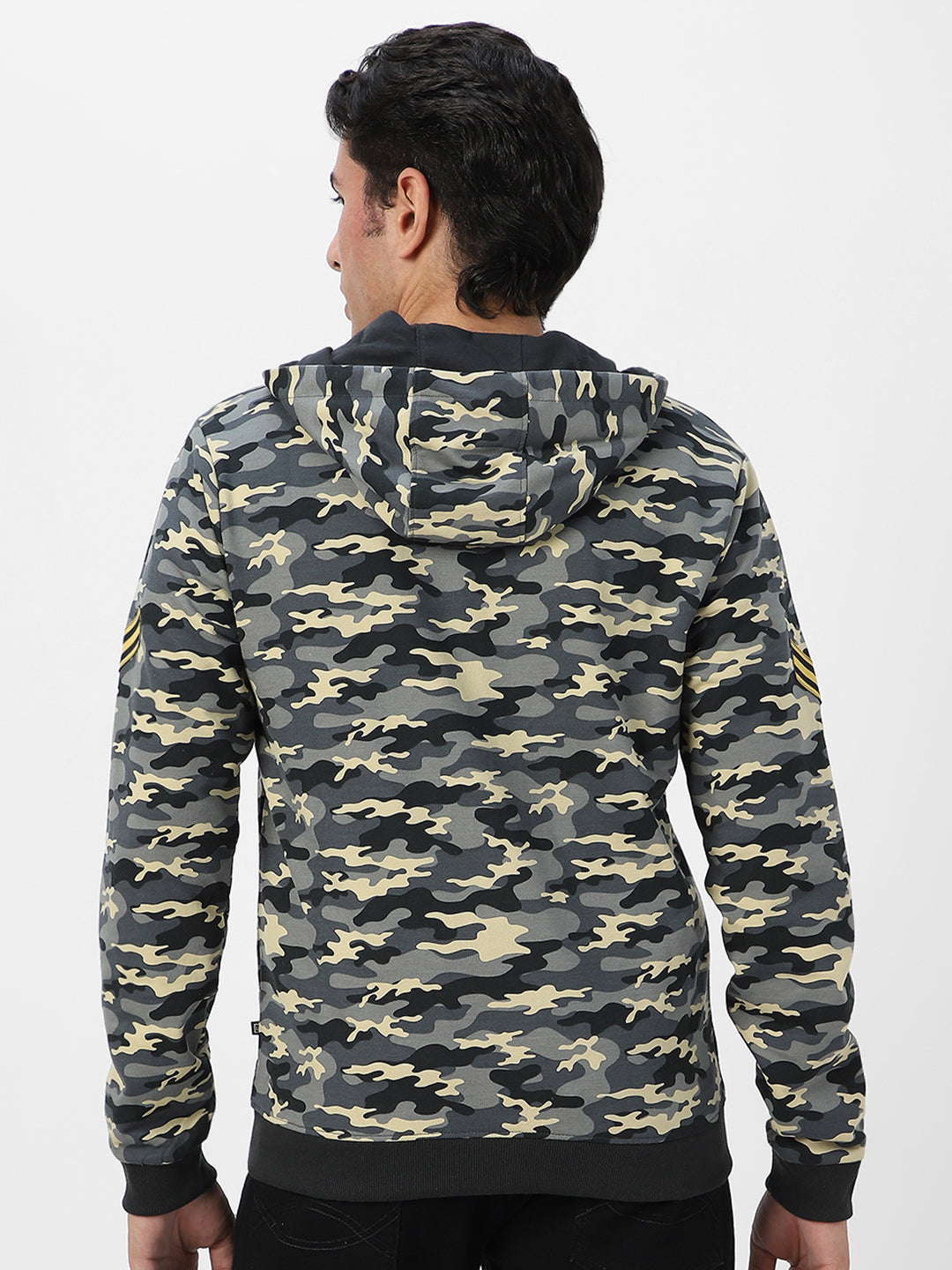 Men's Grey Cotton Camouflage Printed Hooded Neck Sweatshirt